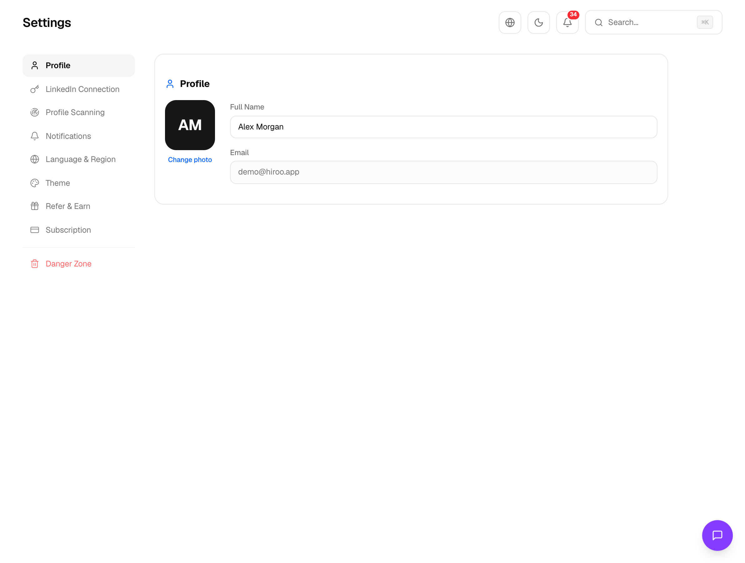 Settings page